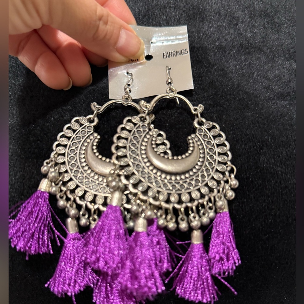 Silver and Purple Tassel Earrings